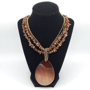 Tigers Eye Gemstone Multi-Strand Irregular Chip Large Tear Drop Pendant Necklace